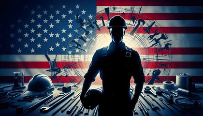 construction worker and american flag, labor day background