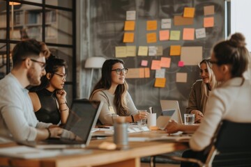 Wall Mural - Visual guide featuring five essential tips for conducting a successful virtual meeting effectively and efficiently, A team of employees in a conference room brainstorming ideas. AI generated