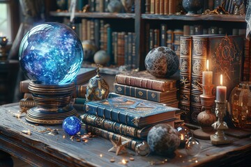 A fantasy illustration of a wizard's study with spell books, a crystal ball, and magical artifacts, free space for text --ar 3:2 --stylize 750 --v 6 Job ID: d23007f6-c2e1-4300-b4ae-98d012879845