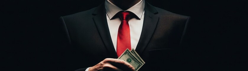Wall Mural - a politicianâ€™s face half in light, half in shadow, with a hand holding cash in the dark side, symb