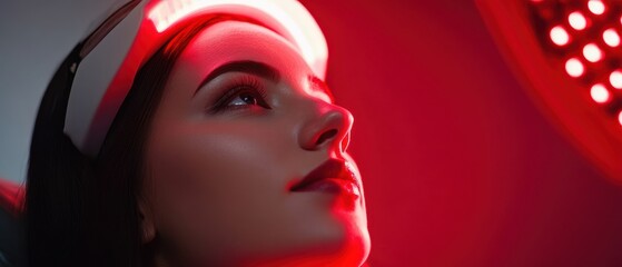 Wall Mural - Female patient undergoes red LED light or RLT therapy for skin rejuvenation at modern luxury aesthetic clinic. Young brunette woman client having non-invasive type of phototherapy