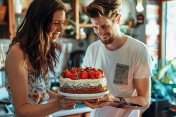 Wall Mural - A couple proudly presents a cake adorned with fresh berries, symbolizing their shared celebration and happiness, A wife surprising her husband with a homemade cake on their anniversary. Ai generated