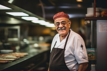 Smiling portrait of a senior chef working in kitchen