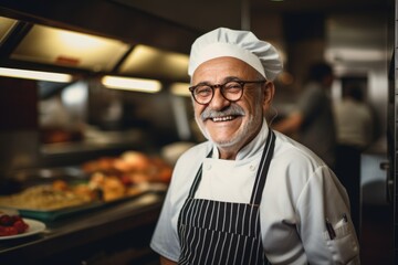 Smiling portrait of a senior chef working in kitchen