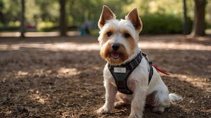 Terrier with tags and harness in the dog pa	.