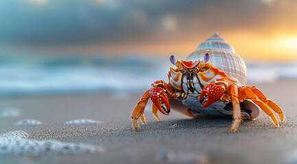 Wall Mural - A cute, orange speckled hermit crab peeking out its shell on the beach, late afternoon light, storms on the horizon. Generative AI.