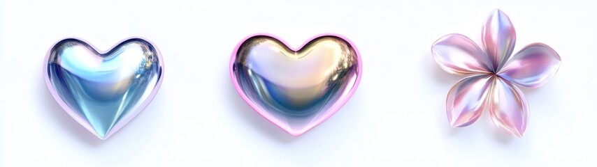 Three iridescent objects in the shape of a heart and flower
