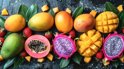 Poster - Artistic flat lay of colorful mangoes, papayas, and dragon fruits on a black marble backdrop. top view. Generative AI.