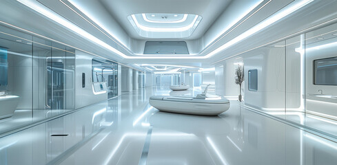 Poster - The future technology hospital has a double-story large space, the second floor has a large glass control room, minimalist style, future technology, and a treatment cabin in the middle. Generative AI.