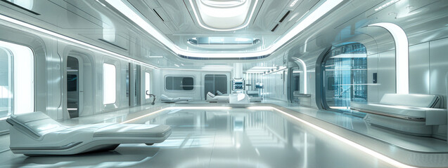 Poster - The future technology hospital has a double-story large space, the second floor has a large glass control room, minimalist style, future technology, and a treatment cabin in the middle. Generative AI.