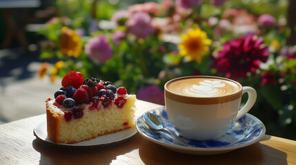 Cup of coffee and a slice of fruit cake are sitting on a table in an outdoor cafe, with a shallow depth of field