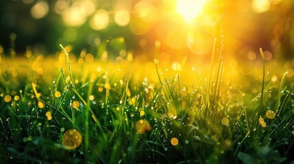 Wall Mural - Morning sunshine on dewy green grass