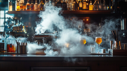 Wall Mural - A bartender carefully pouring liquid nitrogen into a cocktail, creating a dramatic fog effect in a dimly lit, upscale bar. Ai generated