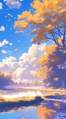 Ethereal Anime Autumn Rain: Misty River Bathed in Post-Storm Sunlight. Vibrant Blue Sky Illuminates Dreamy Fall Landscape in 4K. Perfect for 2025 Equinox and Halloween-Themed UI, Web, and Poster Desig