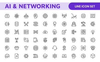 Artificial intelligence and Networking technology icon set. AI and networking editable line icon illustration.