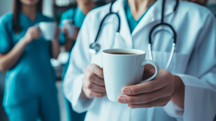 A diverse team of doctors in a hospital break room, the main practitioner holding a cup of coffee, relaxed yet professional. Ai generated