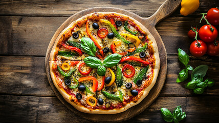 A freshly baked vegetarian pizza topped with colorful bell peppers, olives, tomatoes, and basil, placed on a wooden table. Ai generated