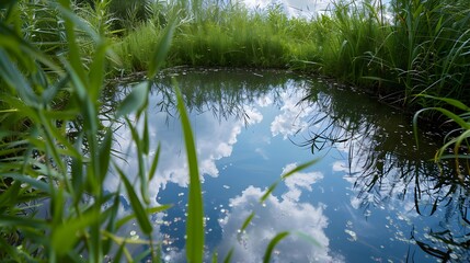 Canvas Print - Water a small pond surrounded by tall green