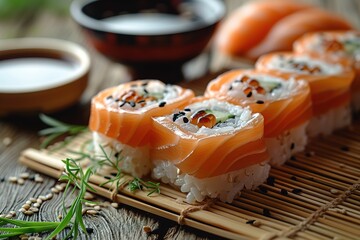 Wall Mural - A plate of sushi with a sauce bowl and chopsticks