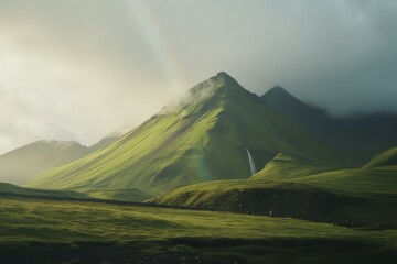 Poster - Majestic green mountains with a rainbow in the sky.