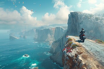 Wall Mural - A man is riding a motorcycle on a road that overlooks the ocean