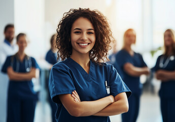 smiling young nurse is posing with crossed arms in a hospital hallway, with her medical team standin