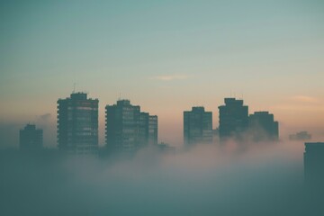 A misty urban landscape showcasing skyscrapers shrouded in fog, creating a mysterious atmosphere, Buildings fading into the foggy horizon, AI generated