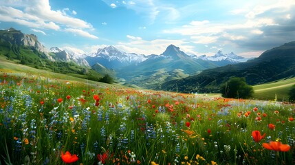 Canvas Print - The colorful valley is surrounded by green hills