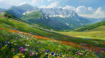 Wall Mural - The colorful valley is surrounded by green hills