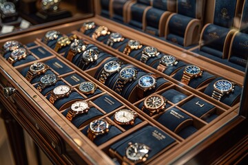 A display of watches with a blue box in the middle