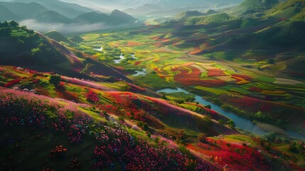 Sticker - The valley is blooming with bright fields covered