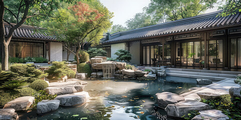 Wall Mural - a Chinese-style hotel courtyard with landscape design. Directly in front is a traditional Chinese water feature, with stone walls forming the boundaries of the pond. Generative AI.