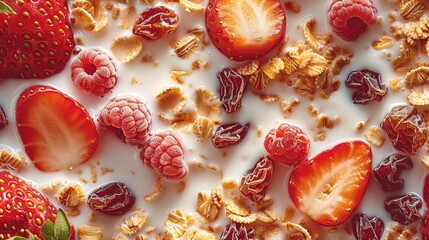 Wall Mural - Closeup view of cereal, milk, raisin, strawberry slice mix. top view. Generative AI.