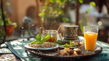 Wall Mural - Moroccan breakfasts with seeds served with honey butter