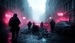 © AIPhoto - Urban Tactical Team in Action at Night with Neon Lights and Fog in a Post-Apocalyptic Cityscape
