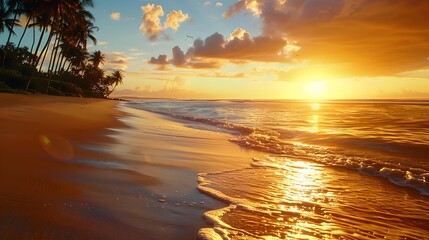 Sunset on a tropical shore golden sand stretches