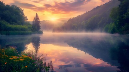 Wall Mural - Sunset over a quiet lake reflecting the orange