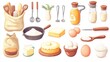 © Zahid - Cartoon isolated kitchen set up with ingredients for baking cake for dessert, including butter, eggs, sugar, and flour in a bag. A set of baking ingredients, utensils, and tools in vector illustration