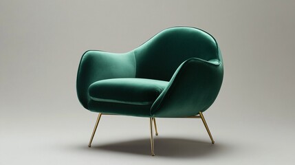 Wall Mural - A stylish armchair with a low-profile design, featuring plush velvet upholstery in emerald green and brass legs, placed on an isolated gray background