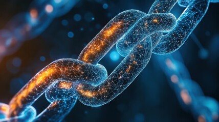 A close-up of a glowing digital chain symbolizing connectivity, strength, and security in a futuristic context.