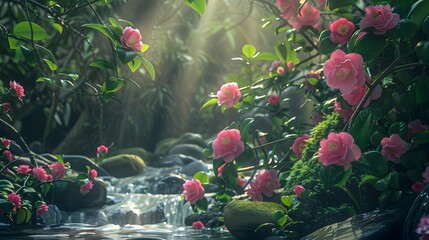 Poster - Pink camellias growing next to a stream