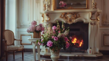 Poster - Fireplace decorated with flowers in elegant vases