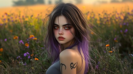 A young woman with purple hair gazes thoughtfully amid colorful wildflowers on a warm evening.