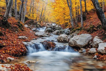 Wall Mural - A stream of water flows through a forest with leaves on the ground