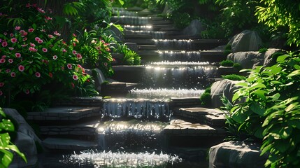 Canvas Print - Water cascades are stepped withsque waterfalls