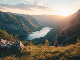 Wall Mural - Lake and mountain landscape at sunset