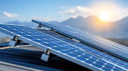 Close-up of solar panels on a rooftop with mountains and the sun rising in the background, symbolizing sustainable energy.