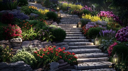 Poster - Multi-level flowerbed decorated with bright flowers