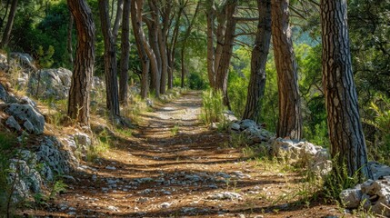 Pathway through trees and stones in a Mediterranean forest Travel photography of a scenic landscape