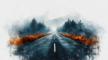 A watercolor painting of an empty road leading through a foggy forest. Generated by AI.